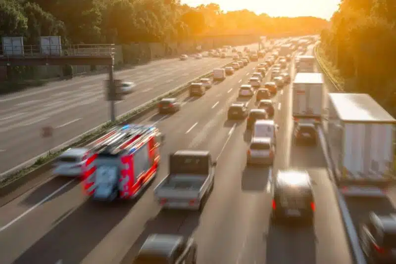 Rettungsgasse mit durchfahrendem Hlf