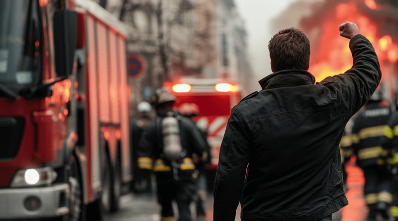 Gewaltbereiter Mann vor einer Gruppe Rettungskräfte