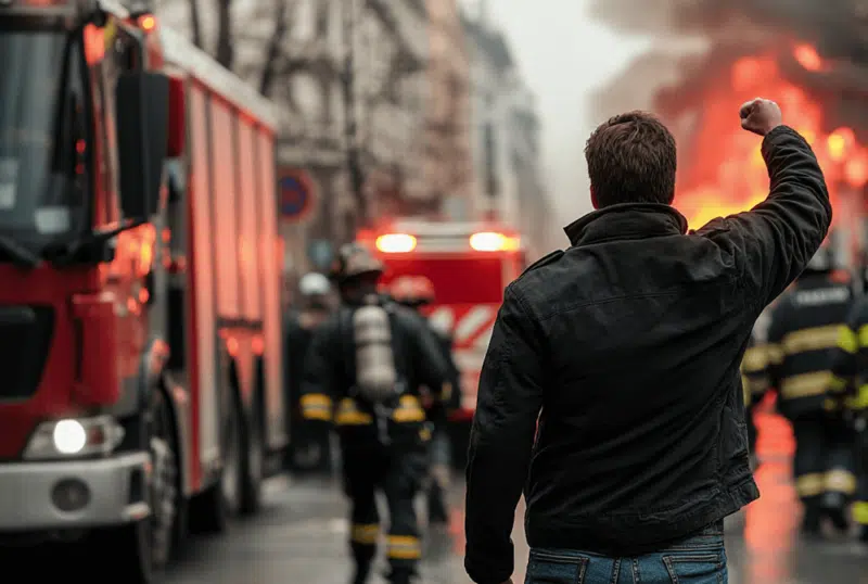 Gewaltbereiter Mann vor einer Gruppe Rettungskräfte