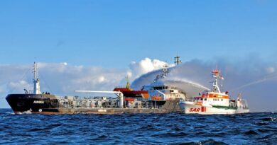 Brandbekämpfung auf See: Steuerbordseitig unterstützte der Notschlepper „Baltic“, der über zwei Löschmonitore verfügt, die Löscharbeiten. Foto: Die Seenotretter – DGzRS