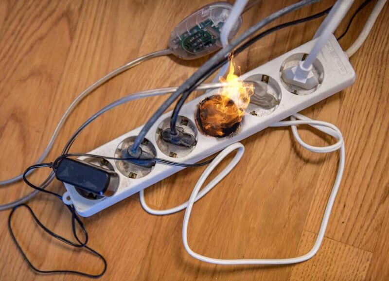 Gefährliches Schnäppchen: Wenn sich im Haushalt ein Brand entwickelt, wie hier an einer überlasteten Steckerleiste, wird ein mangelhafter Rauchmelder zur Lebensbedrohung. (Foto: Maurizio Gambarini/Rauchmelder retten Leben)