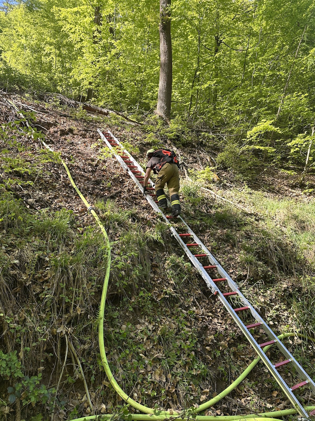 Schwierige Hanglage: Einsatzkräfte erreichen die Einsatzstelle nur über tragbare Leitern. (Foto: Feuerwehr Stuttgart)