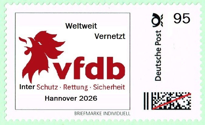 Sonderbriefmarke: Auch sie zeigt das Interschutz-Motiv „Der Rote Hahn“. (Abb.: vfdb)