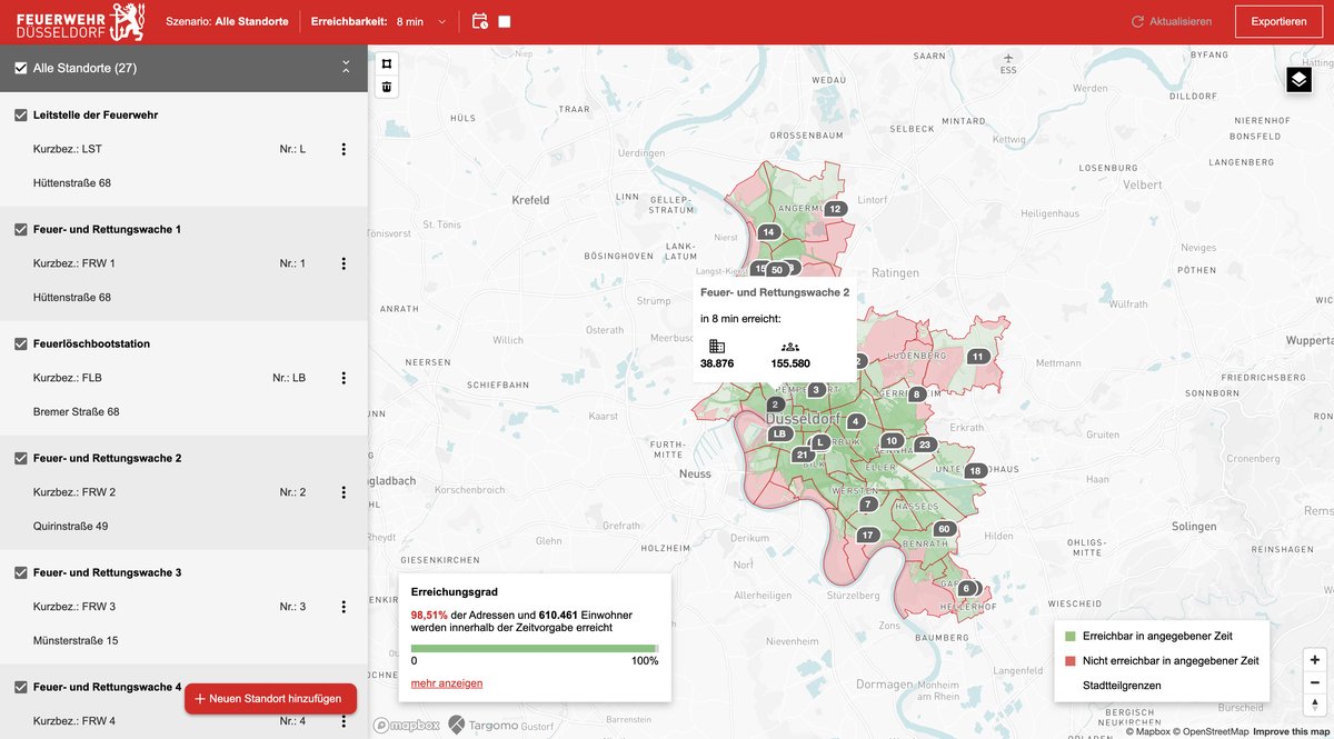 Bereits im Einsatz bei der Feuerwehr Düsseldorf: Geodatenbasierte Standortplanung. (Screenshot: Ubilabs GmbH)